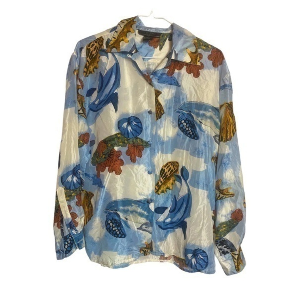 Vintage 90s FUDA 100% silk button down. Dolphin ocean Small blue